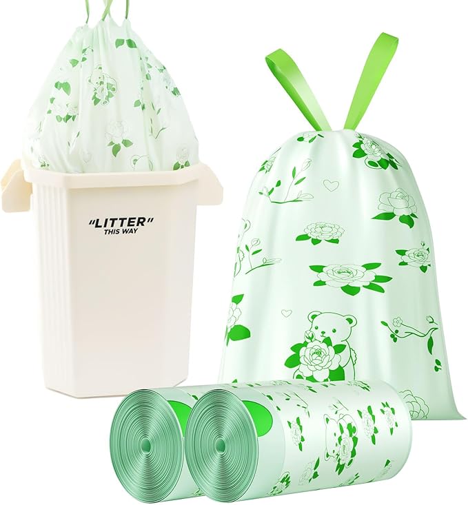 VOK 8 Gallon Trash Bags Drawstring, Medium Trash Bags for Office, Kitchen, Bedroom Trash Cans, Colored Portable Sturdy Garbage Bags 8 Gallon with Camellia Flower Scent, 60 Counts
