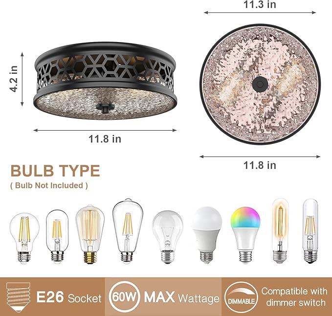 EAPUDUN Flush Mount Ceiling Light, 12 Inch 2 Light Vintage Ceiling Light with Rippled Glass, Black Ceiling Fixture for Hallway Corridor Kitchen Bathroom Bedroom Passway FMA1538-MBK