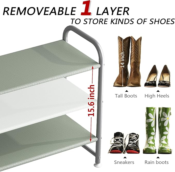 Shoe Rack 3 Tier Long Storage Organizer Wide Metal Shoe Shelf for Closet Entryway Grey