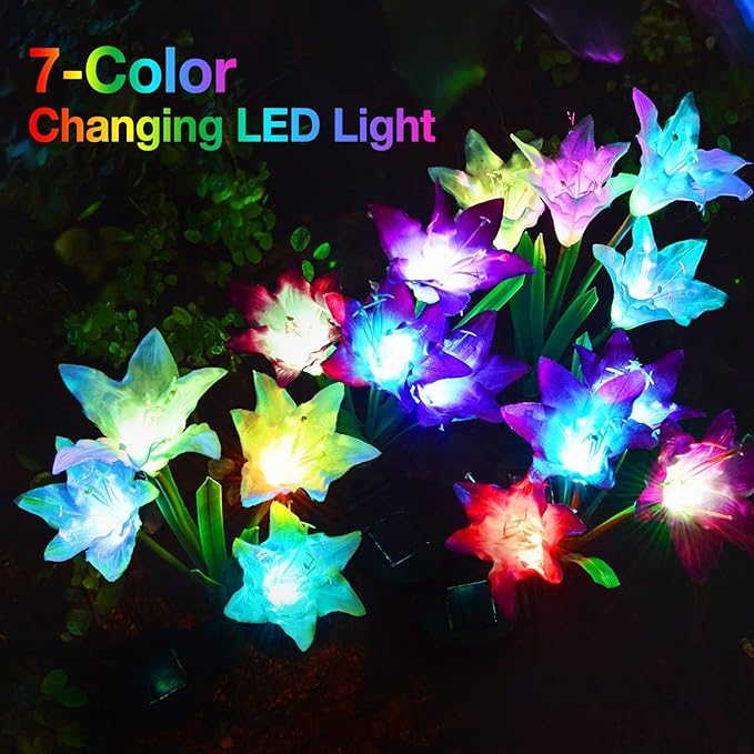 KOOPER Outdoor Solar Lights, 4 Pack Solar Garden Light with Bigger Lily Flowers, Waterproof 7 Color Changing Solar Lights Outdoor - Bigger Panel for Patio Yard Garden Decoration, Gift for Mom