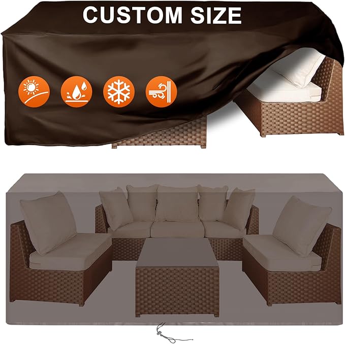 Patio Furniture Cover Rectangle 64"(L) x 48"(W) x 30"(H), Custom Heavy Duty 420D Waterproof Outdoor Cover with Drawstring & Buckles for Table Chair Garden, Coffee