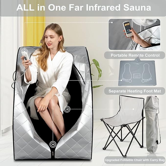 Smartmak Far Infrared Sauna, Full Body One Person SPA Set with Portable Time & Tempreture Remote Control, Heating Foot Pad and Foldable Reinforced Chair(L 27.6’’ x W 31.5’’ x H 37.8’’) - Black Border