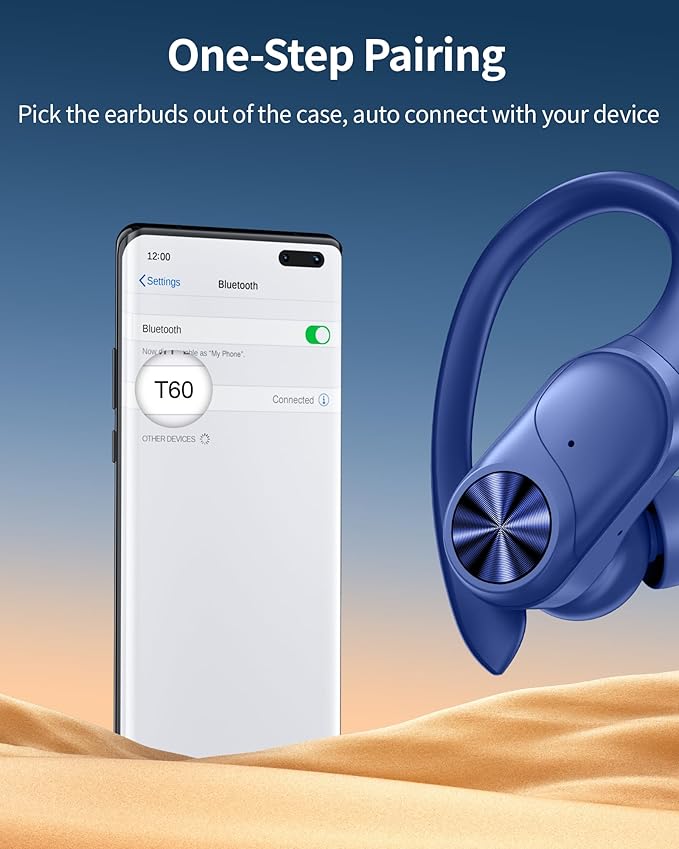 PocBuds Bluetooth Headphones Wireless Earbuds 80hrs Playtime Wireless Charging Case Digital Display Sports Ear Buds with Earhook Deep Bass IPX7 Waterproof Over-Ear Earphones for TV Phone Laptop Navy