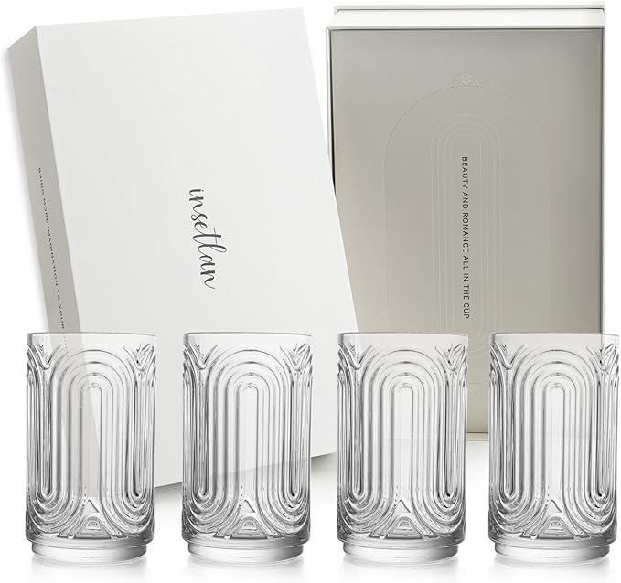 INSETLAN Vintage Art Deco Glassware | Glass Cups Set of 4 | 14 Oz Thick Bottom Cocktail Glasses, Highball Glass Fabulous Box, Embossed Ripple Glassware, for Water, Wine, Juice, Mixed Drinkware