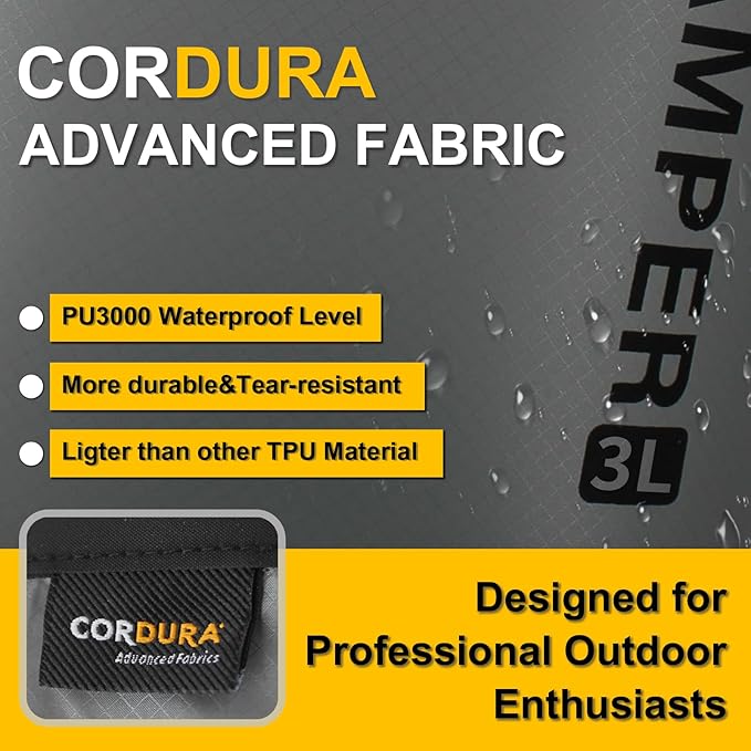Upgraded CORDURA Waterproof Dry Bag-Lightweight&Durable Waterproof Storage Sack-Roll Top with Survival Whistle-Suitable for High-Intensity Outdoor Adventures-Floats on Water (3L/Grey)