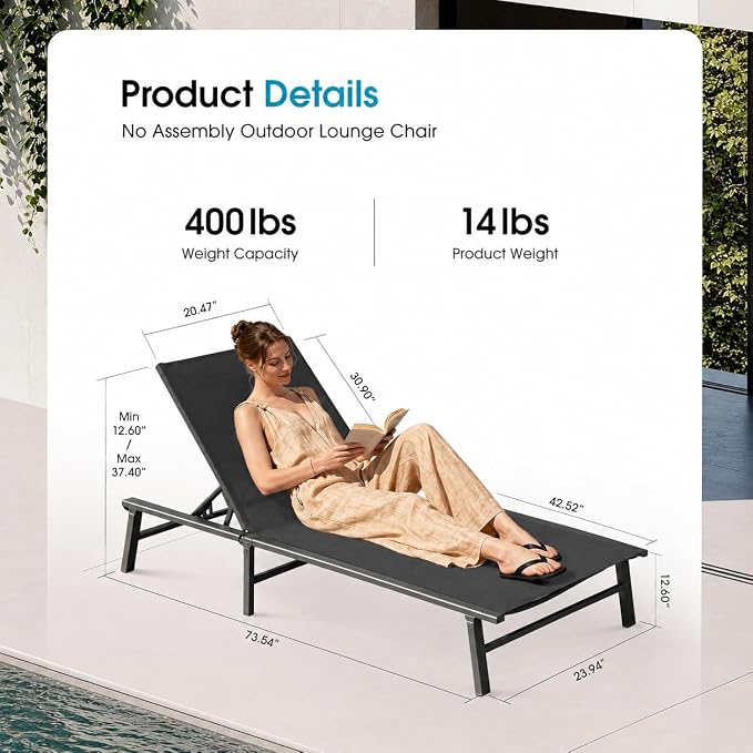 Ciokea Foldable Outdoor Lounge Chair Set of 2, No Assembly Aluminum Chaise Lounge Outdoor with 5 Adjustable Positions, Pool Lounge Chairs with Portable Design for Pool, Beach, Deck, Patio, Black
