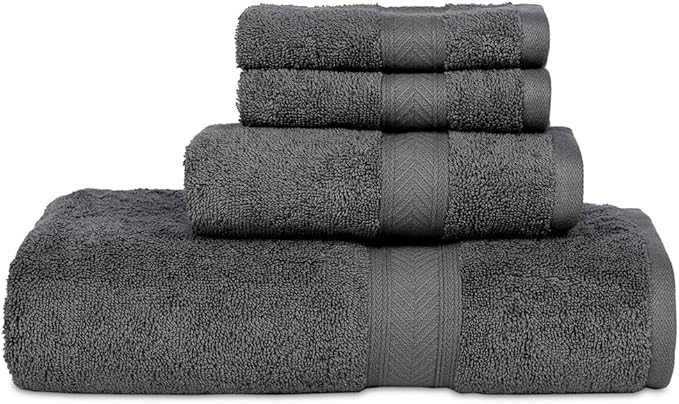 Casa Lino 100% Cotton Bath Towels Set of 4 (1 Bath Towel, 1 Hand Towel & 2 Wash Cloths) - Bathroom Towels and Washcloths Set - Complete Bathroom Set - Guest Room Essentials - (Charcoal Black)
