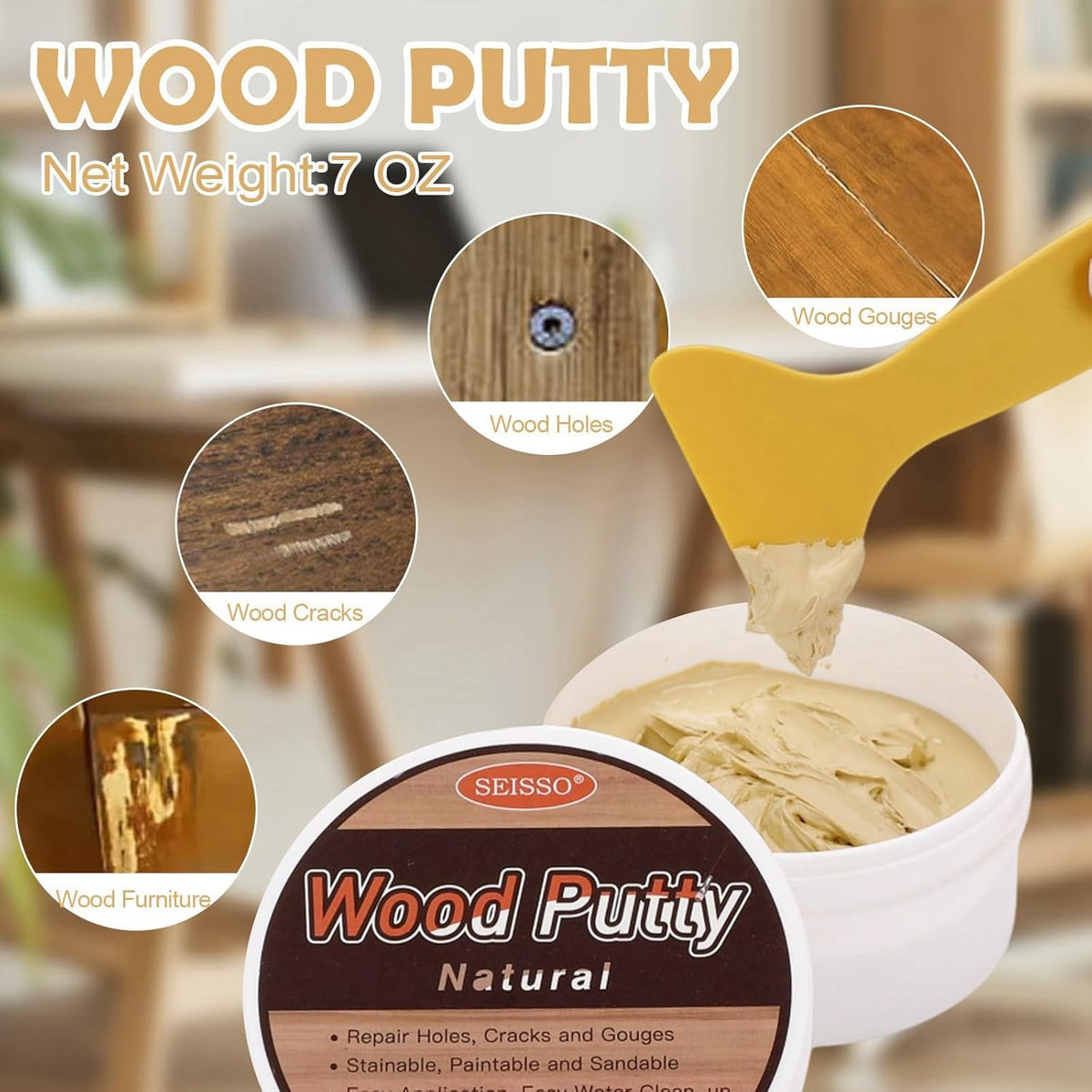 SEISSO Wood Filler, Natural Wood Putty for Trim, Wood Filler Paintable, Stainable, Water-Based Wood Putty Filler Outdoor, Wood Repair Kit - Restore Wooden Table, Cabinet, Floors, Door