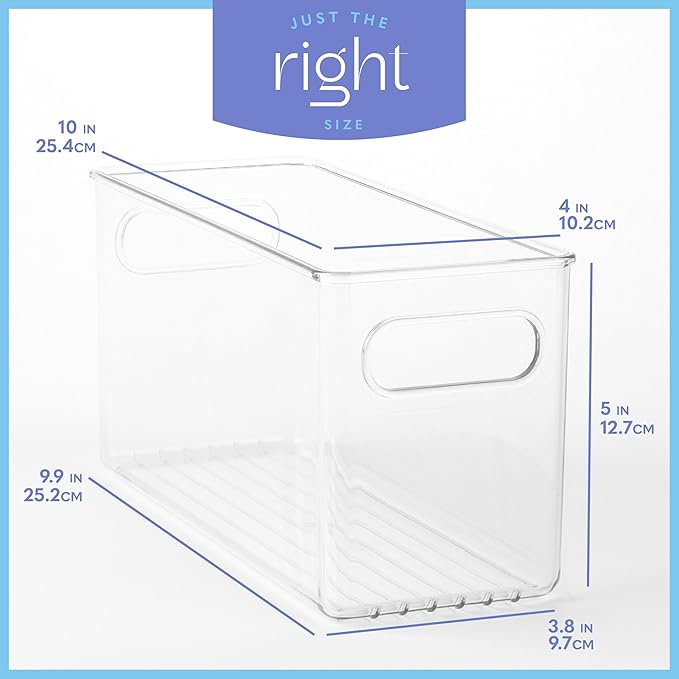 Plastic Food Storage 4 Pack Clear Container Bin with Handles for Organizing Kitchen, Pantry, Refrigerator, Freezer, Pantry, Cabinet, Closet, Bathroom. 10”x4”x5”