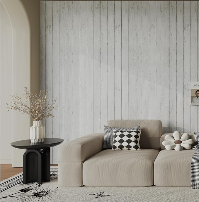 Abyssaly Peel and Stick Wallpaper 17.7" X 118" White Gray Wood Shiplap Contact