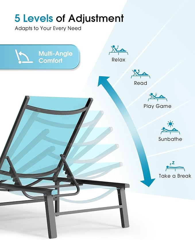 Aluminum Outdoor Lounge Chairs Set of 2- No Assembly Needed, Foldable Patio Chaise Lounge with 5 Adjustable Positions, Reinforced Frame for Extra Durability, Pool Beach Lounge Chairs, Lake Blue