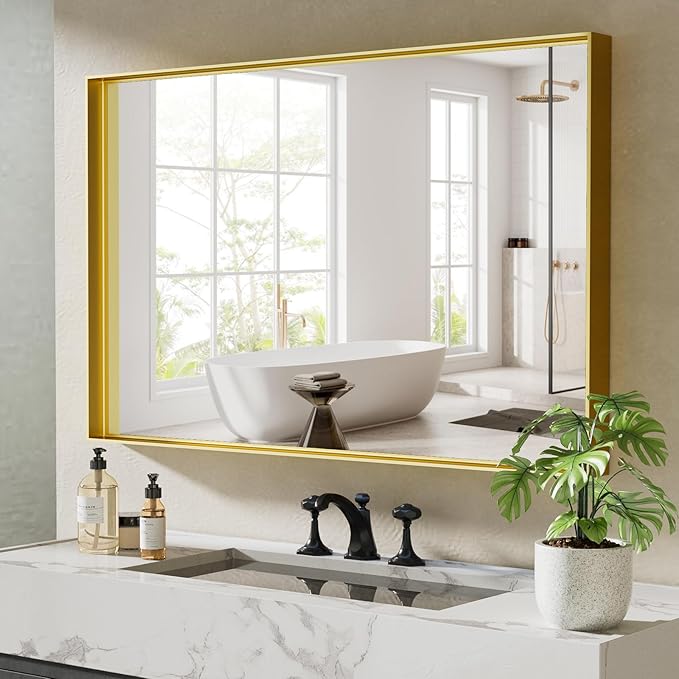 48x30 Inch Gold Bathroom Mirrors for Over Sink, Rectangle Vanity Mirror, Metal Framed Mirrors for Wall, Tempered Glass, Anti-Rust,Wall Mounted Horizontal/Vertical