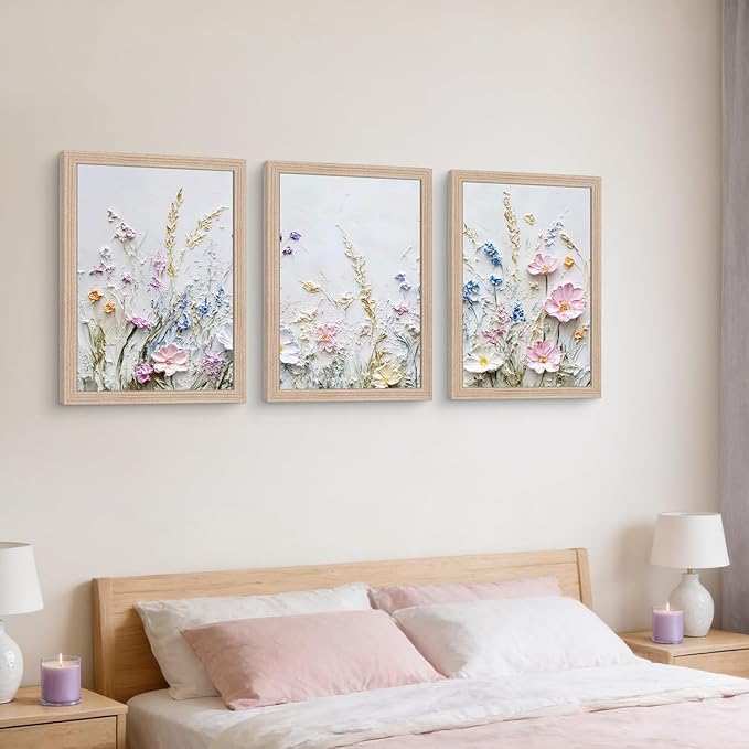 Framed 3D Texture Floral Canvas Wall Art Relief Textured Floral Oil Painting