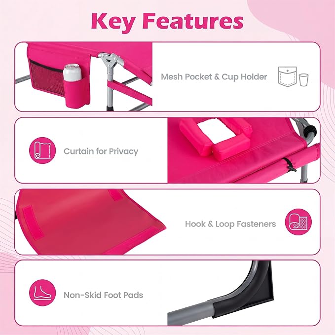 Giantex Tanning Chair, 330Lbs Patio Lounge Chair with 5 Adjustable Position, Face & Arm Hole, Hand/Shoulder Strap, Removable Pillow, Side Pocket, Chaise Lounger for Beach Sunbathing Outdoor, Pink