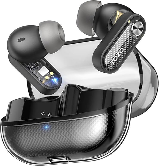 TOZO Crystal Pods Hybrid Active Noise Cancelling Wireless Earbuds, 10mm Drivers Deep Bass Stereo Sound, 4 Mics Smart ENC AI Calls, 32 EQ via App, Bluetooth 5.4 Headphones, Crystal Case Design