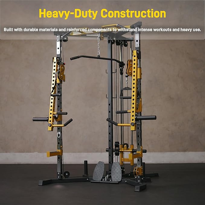 Power Rack with Dual Pulley System, Cable Crossover, LAT Pulldown, Bench Press & Squat Rack, Full Body Strength Training Cage for Home Gym