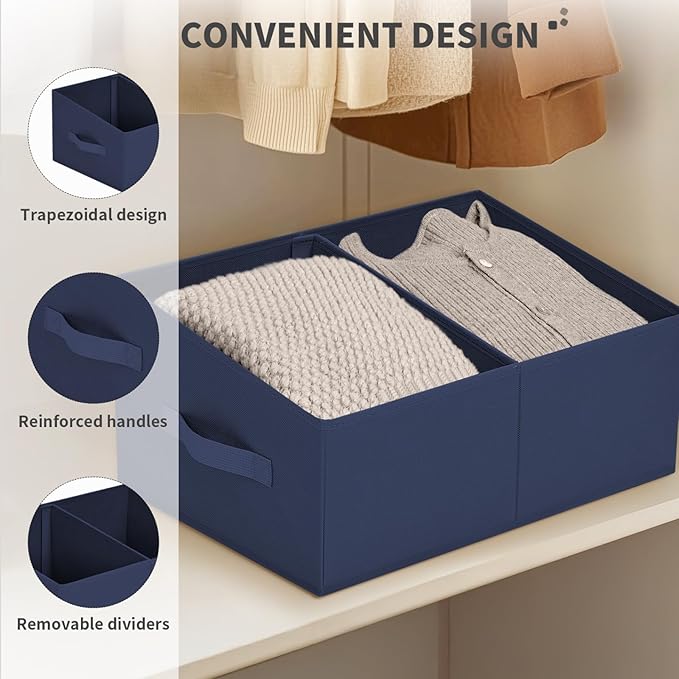 DIMJ Large Closet Shelf Organizer Bins 8Packs with Handles and Divider, Fabric Trapezoid Storage Baskets, Foldable Clothes Containers Box for Shelf, Towel, Book, Toy, Purse, Hats, Navy Blue