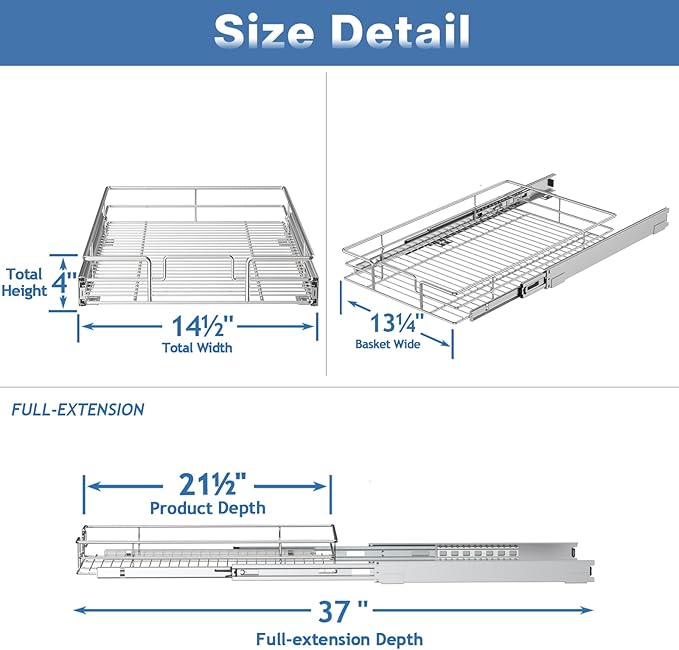 ROOMTEC Pull Out Cabinet Organizer, Cabinet Pull Out Shelves 14½" W x 21½" D, Heavy Duty Cabinet Drawers Slide Out Kitchen Cabinet Organizers Storage Shelf