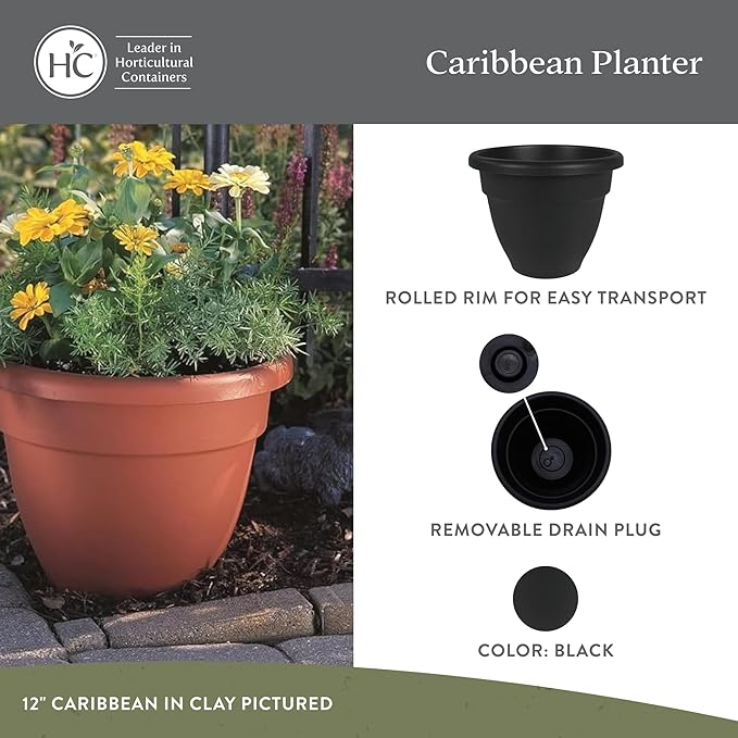 The HC Companies 6 Inch Caribbean Planter Pots with Drainage & Plug, Rolled Rim Plastic Planters for Indoor & Outdoor Plants, 4-Pack Decorative Flower Pots for Garden, Office & Home Decor, Black