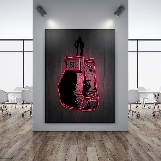 Boxing Gloves Neon Canvas Print Motivational Canvas Print Wall Art Office Decor, Entrepreneur Motivation, Hustle Artwork, Boxing Neon Print, Fighter Gym Sign, Hustler Art Neon Sign (18" x 12")