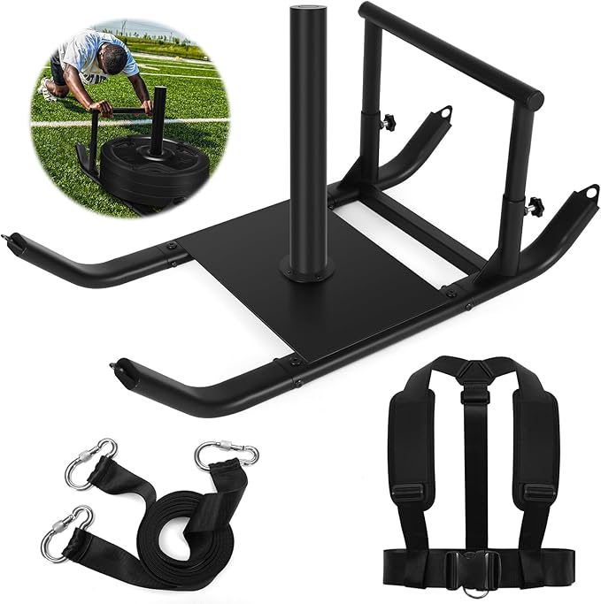 GDFISH Large Weight Sled, Adjustable Height Handle Push Sleds, Workout Fitness Sled for Training Running Speed, Compatible with 1" & 2" Weight Plate, Easy Obstacle Clearance for Grass, Sand, Cement