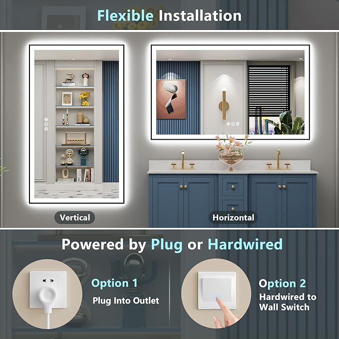 66x36 Black Framed LED Bathroom Mirror