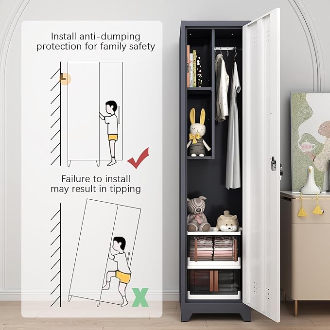 GREATMEET Slim Locking Metal Garage Storage Cabinet, Tall Steel Narrow Broom