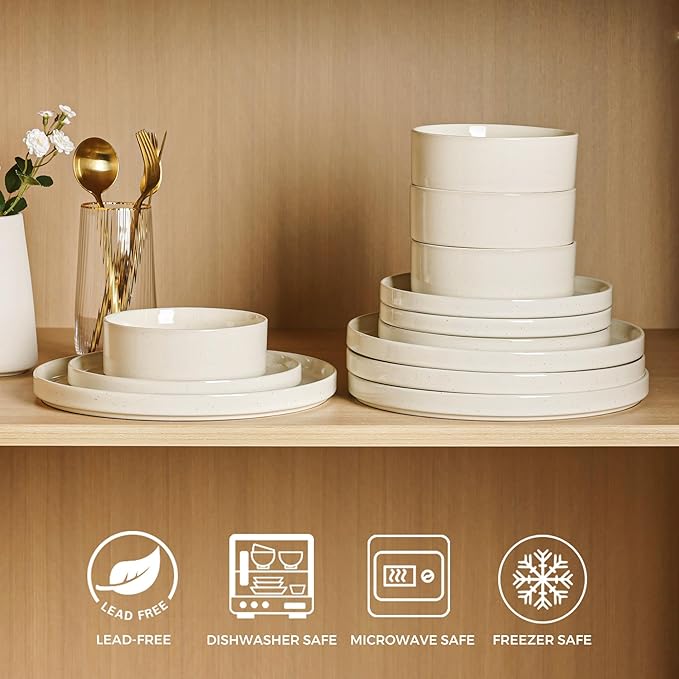 GBHOME Dinnerware Set for 4, 12 Piece Speckled Plates and Bowls Set with Glazed Bottom, Chip & Scratch Resistant Stoneware Plates Sets, Dishwasher & Microwave Safe Dishes (Light Beige, Service for 4)