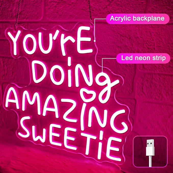 You're Doing Amazing Sweetie Neon Sign,Pink Led Neon Signs for Wall Decor,Dimmable Inspirational Letter Neon Lights USB Amazing Light Up Signs for Bedroom Classroom Party,Gift for Boys Girls