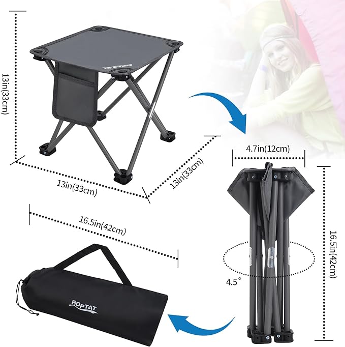 Roptat Camping Stool,Portable Folding Compact Lightweight Stool Seat for Camping Fishing Hiking Gardening Outdoor Walking Backpacking Travelling and Beach with Carry Bag (Grey)