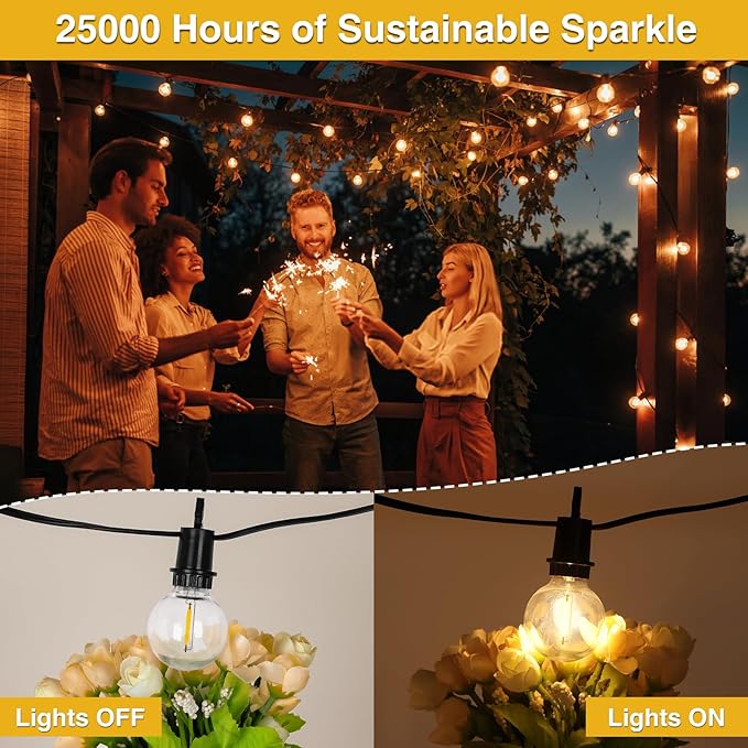 100FT Solar Lights Outdoor String Lights Waterproof G40 Patio lights Solar Powered with Remote USB Port 30+2 LED Shatterproof Bulbs 3 Light Modes, Dimmable Solar Lights for Camping for Porch Backyard