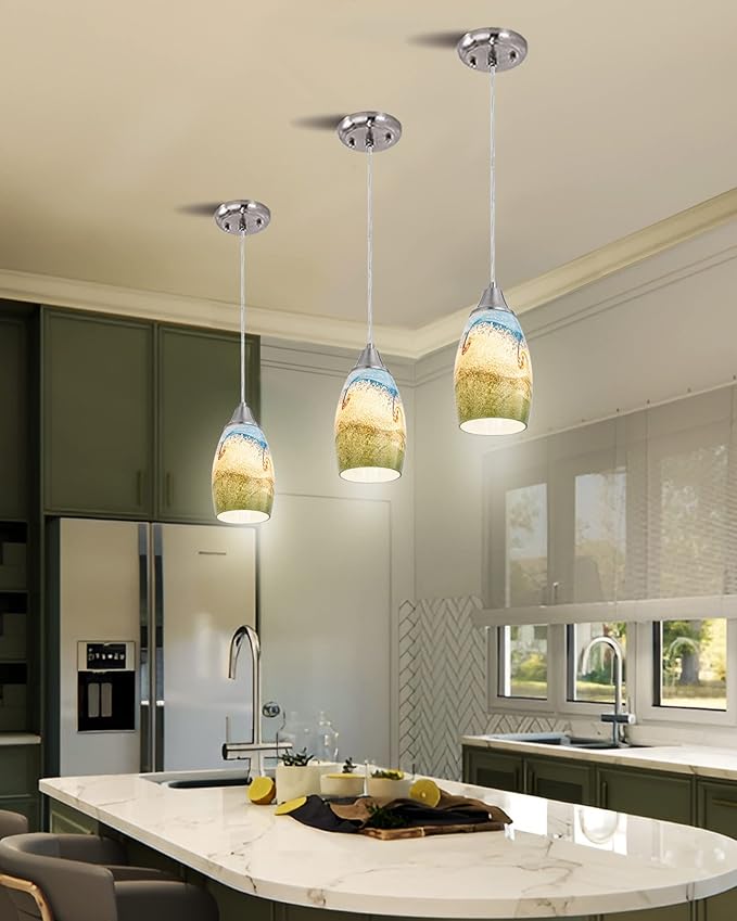 Mini Glass Pendant Lights,Blown Art Glass Pendant Hanging Light Fixtures Kitchen Island Pendant Lamp Shade with Brushed Nickel Finish for Bar Counter,Hallway,Dining Room Multi color-1P