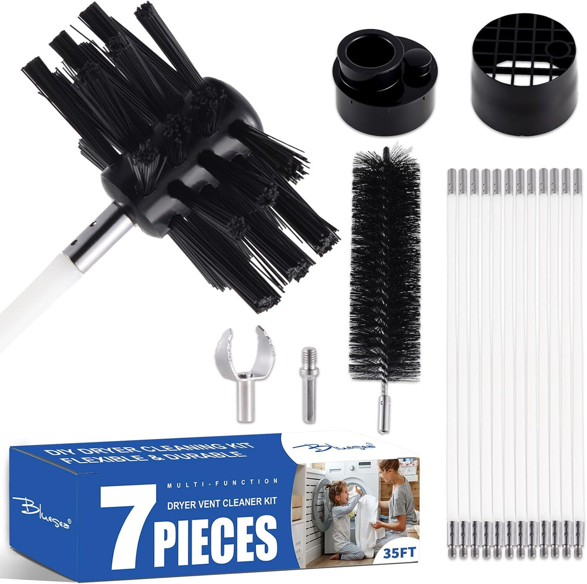 Bluesea 7 Pieces 35 Feet Dryer Vent Cleaner Kit, Reinforced Nylon Dryer Vent Cleaning Kit, Durable Dryer Vent Brush Vacuum Attachment with Flexible Lint Trap Brush, Vacuum & Dryer Adapters Upgrade