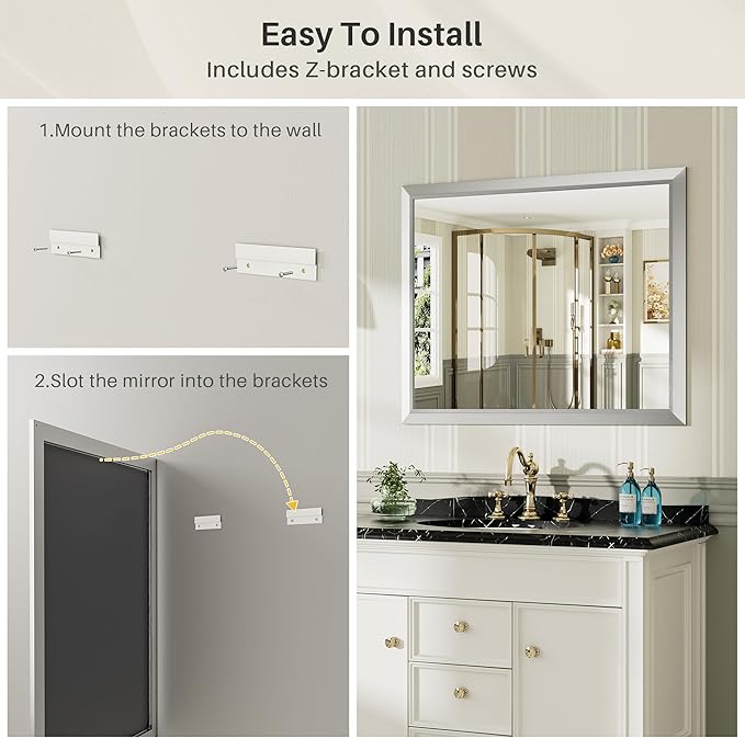 72x36 Inch Silver Bathroom Mirror for Wall, Thick Metal Framed Rectangle Mirrors for Over Sink, Bedroom, Living Room, Entryway, Anti-Rust, HD Tempered Glass