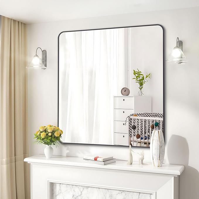 36" x 36"Bathroom Mirror, Matte Black Wall Mirror with Metal Frame, Decorative Rectangular Vanity Mirror for Bedroom Bathroom Living Room Entryway (Horizontal/Vertical)