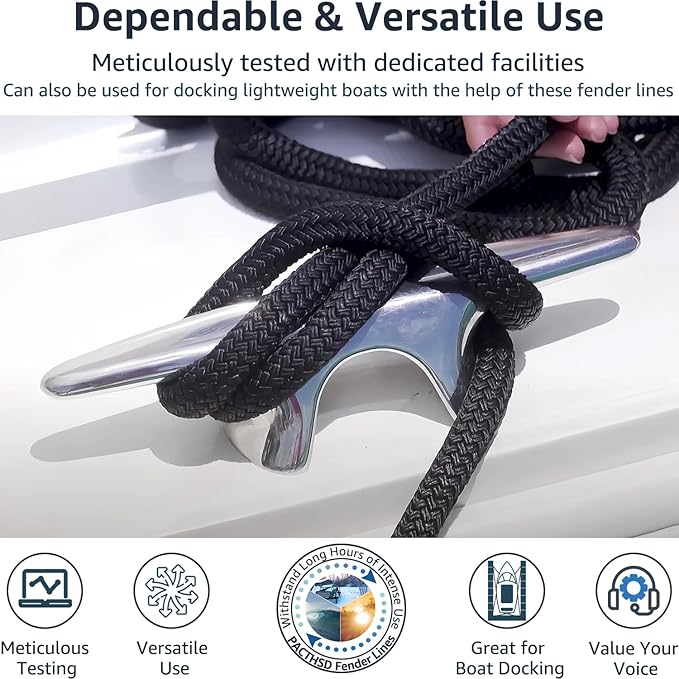 4 Pack 1/2" x 6' Boat Fender Lines - Marine Grade Nylon Boat Rope with 6" Loop for Tying Fenders and Docking Small Boats - Double Braided Dock Lines, Easy Handling, Fray Resistant - Black