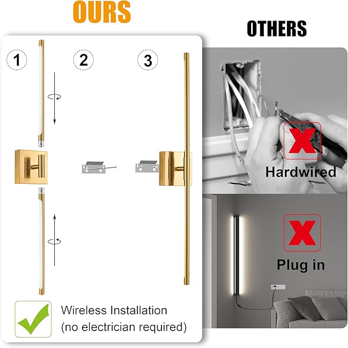 Morauroral Gold Rechargeable Wall Sconces Set of 2, 10000mAh Battery Operated