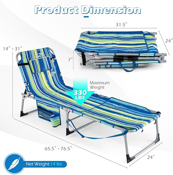 GYMAX Tanning Chair, 3 in 1 Sun Bathing Lounge Chairs with Face/Arm Holes & Side Pocket, Portable Lightweight Face Down Layout Tanning Chair for Outside, Beach, Backyard, Poolside (2, Blue Stripe)