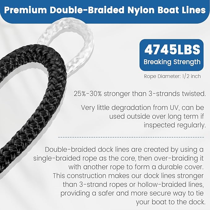 Premium Marine-Grade Dock Lines - 4 Pack 3/8" x 20' Strength-Tested Double Braided Nylon Boat Ropes with 12" Security Loops | Heavy-Duty Docking & Mooring Rope