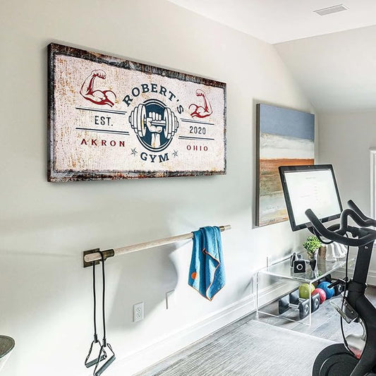 Tailored Canvases Personalized Gym Sign Wall Art Decor - Motivational Canvas for Home Gym, Workout Room, Garage, Fitness Center - Workout Inspirational Posters - One Hand with Dumbbell on Rustic, 48x24in