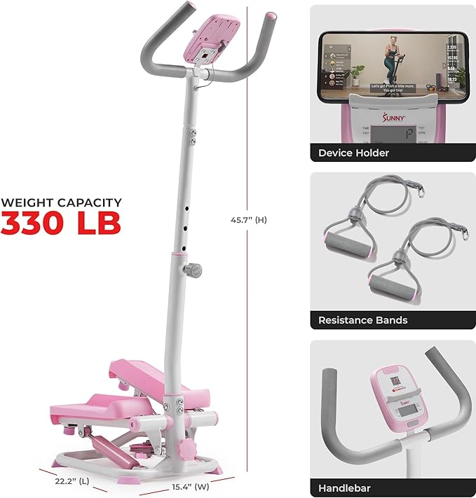 Sunny Health & Fitness Total Body 2-in-1 Smart Stepper Machine for Home with Handlebar and Resistance Bands, Total Body Workout, Adjustable Hydraulic, LCD Monitor, Non-Slip Pedals – 330 LB Max Weight