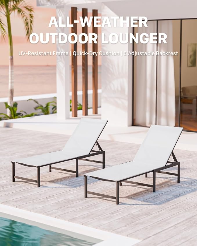 Patio Lounge Chair, Aluminum, 5 Adjustable Backrest, 1 Piece,White | Lightweight rustproof aluminum.5 adjustable backrest positions.Breathable quick-dry fabric.For poolside,beach,lawn,backyard.