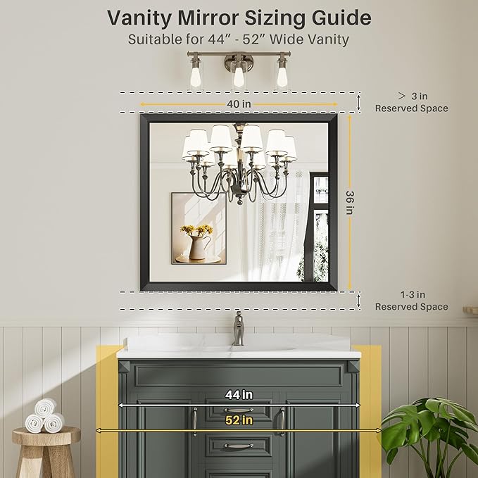 40x36 Inch Black Bathroom Mirror for Wall, Thick Metal Framed Rectangle Mirrors for Over Sink, Bedroom, Living Room, Entryway, Anti-Rust, HD Tempered Glass
