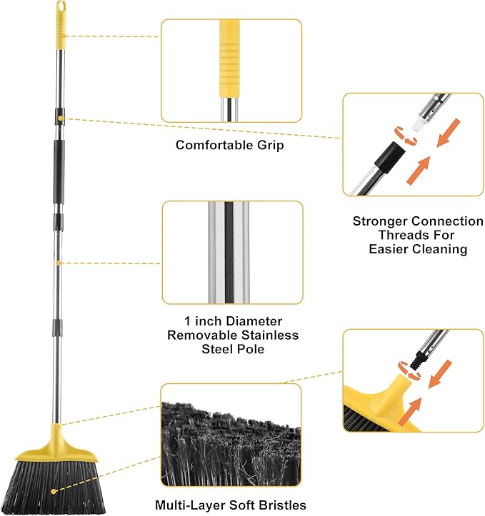 3 Pack Outdoor Heavy Duty Broom 59 Inch - Commercial Grade for Patio, Garage, Restaurant, Lobby, Mall, Market, Office, Kitchen, Driveway, and Warehouse Cleanup