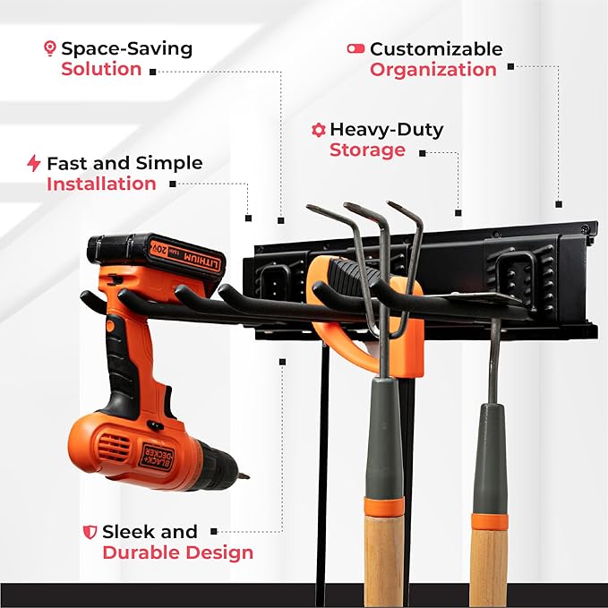 TIDYME Garage Tool Organizer Wall Mount - 64 inches - Sturdy Storage Rack with Adjustable Hooks, Anti-Rust - Easy Installation, 400lbs Capacity - Garden Tool Organizer (04 Racks & 08 Hooks)