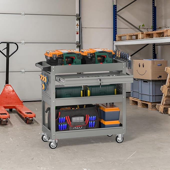 3 Tier Rolling Tool Cart on Wheels, Heavy Duty Industrial Utility Cart Service Cart with Drawer and Screwdriver Rack Pegboard, 550 LBS Mobile Tool Storage Organizer for Workshop, Garage(Gray)