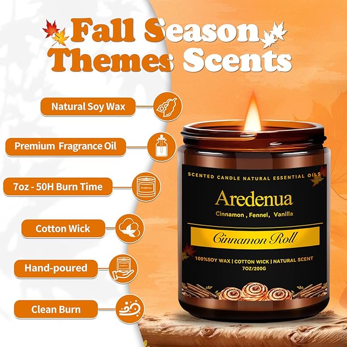 Fall Candle - Cinnamon Roll Candles | Autumn Candle for Home, Cinnamon Scented, 7oz Soy Candles for Home Scented, Fall Gift for Women & Men, Cozy Seasonal Scent for Autumn & Thanksgiving