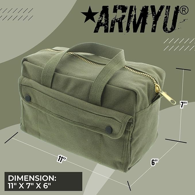 ARMYU Heavy Duty Small Tool Bag Tactical Cotton Canvas Mechanics Bag, 11" x 7" x 6", Olive