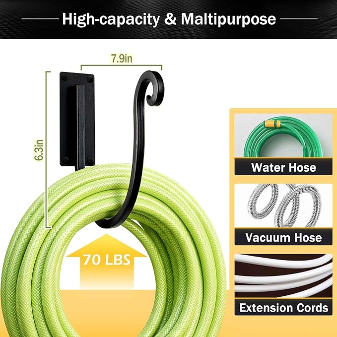 Hose Holder Wall Mount （Metal/8-Inch） Heavy-Duty Garden Hose Hanger Outdoor, Hand-Forged Hose Rack Mount