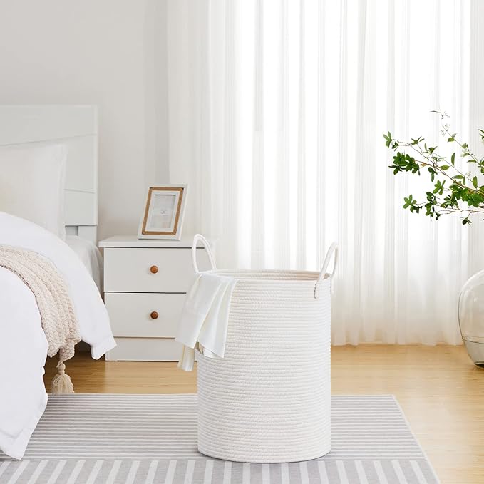 VIPOSCO Large Laundry Hamper, Tall Woven Rope Storage Basket for Blanket, Toys, Dirty Clothes in Living Room, Bathroom, Bedroom - 58L White